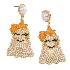 Rhinestone Cute Ghost Bow Orange Earrings Halloween Boo Spooky Beaded Dangle